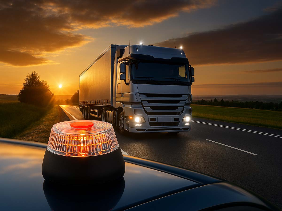 Baliza V‑16 conectada: uso y obligatoriedad en vehículo industrial